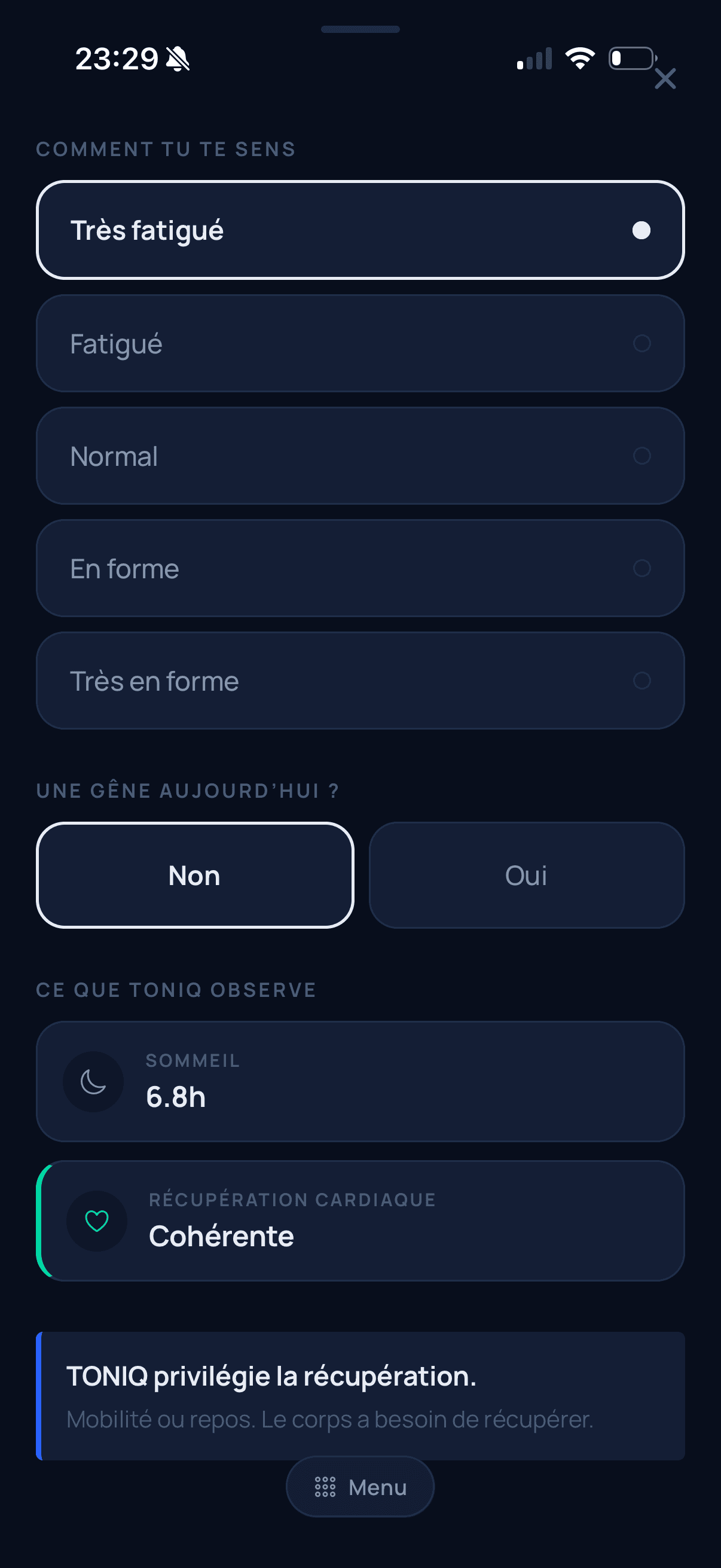 30 secondes. TONIQ sait où tu en es.